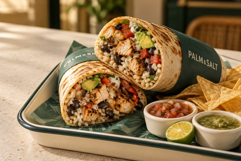 AI-generated burrito image with Palm & Salt wrapping, chips, salsa and lime