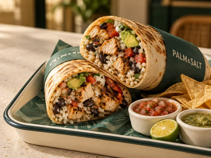 AI-generated burrito image with Palm & Salt wrapping, chips, salsa and lime