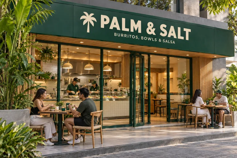 AI-generated Palm & Salt storefront design with an open counter and outdoor seating