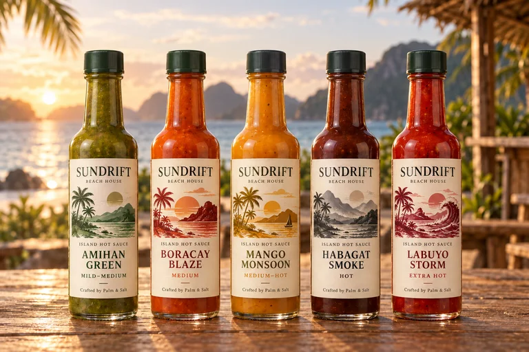 Private-label designs across the five Palm & Salt hot sauce bottles